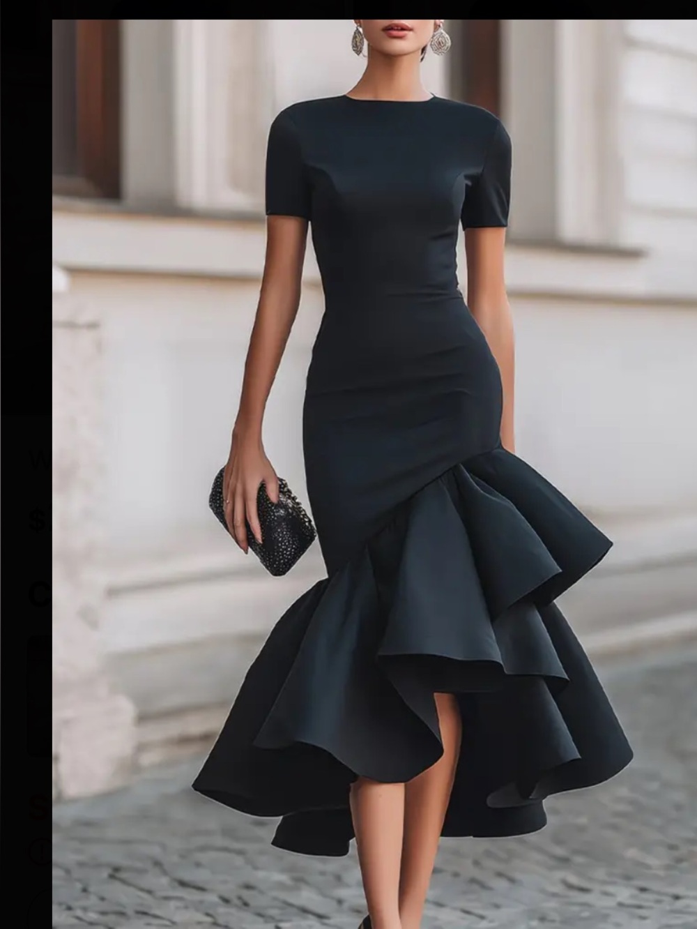 Elegant Black Famingo  Ruffle Midi Dress
